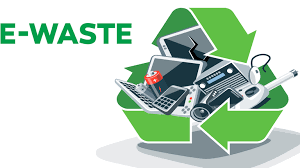 E-waste recycling sign featuring an assortment of electronics inside a green triangular recycling loop emblem