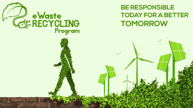 An e-waste recycling program banner with a leaf silhouette person walking towards green solar panels and wind turbines