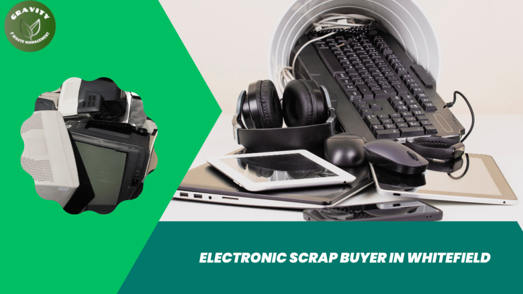 Scrap Dealers In Electronic City Bangalore 86 Gravity E-Waste Management, an electronic scrap buyer in Whitefield, displaying collected IT assets like keyboards, headphones, tablets, laptops, and older computer monitors for recycling