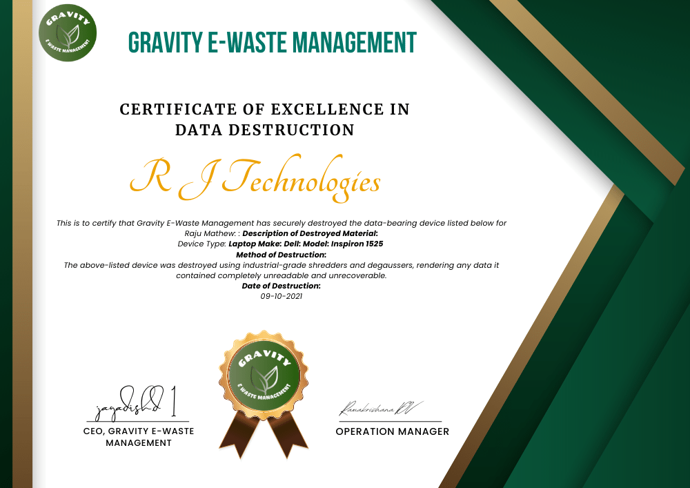 Certificate of Destruction from Gravity E-Waste Management