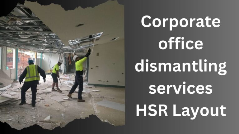 Corporate office dismantling services team stripping down ceiling grids and clearing workspace debris in HSR Layout, Bangalore